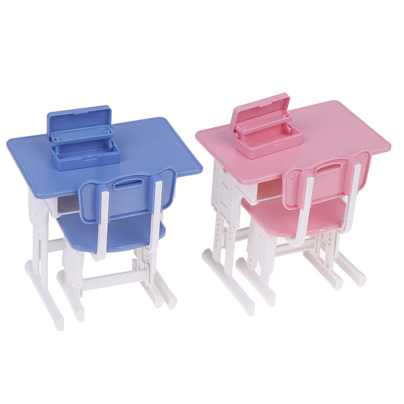 

1set Miniature Dollhouse School Desk Chair +Pencil-box Pretend Play Stationery Model For Doll Accessories Toy