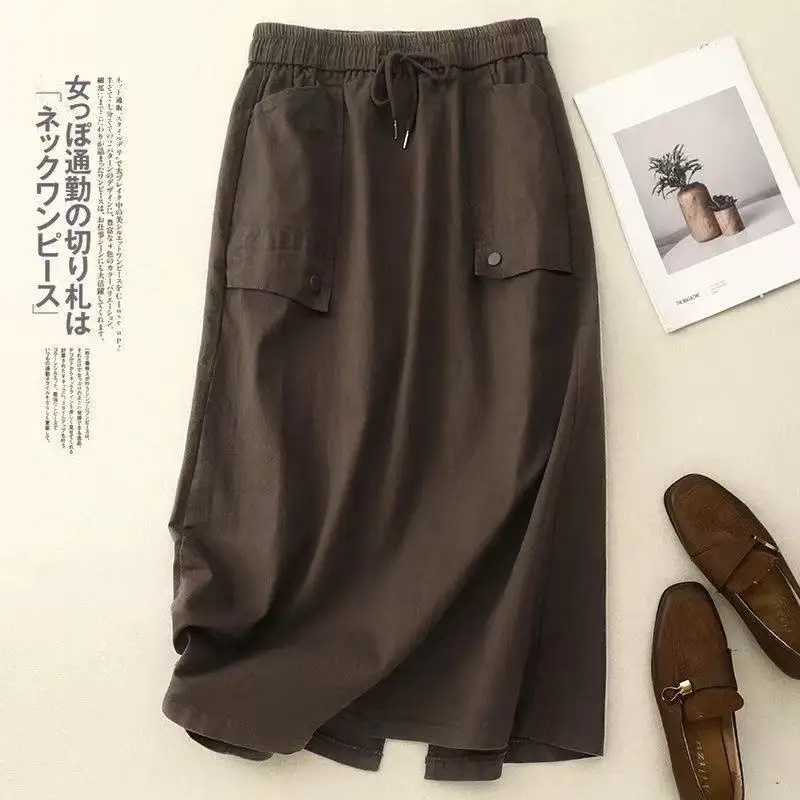 2025 neue Röcke Frauen Mode Frühjahr Sommer Große Tasche Midi Elegante Hohe Taille Weibliche Röcke Casual Elastische Wilde Damen Röcke