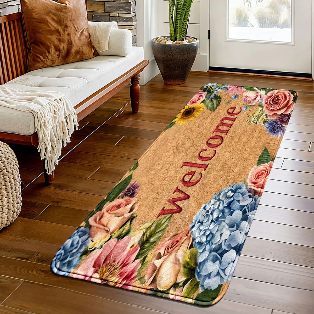 A Vintage Distressed Floral Border Welcome Entrance Door Mat, Soft and Non-Slip, 0.8cm Thick, Made of Flannel