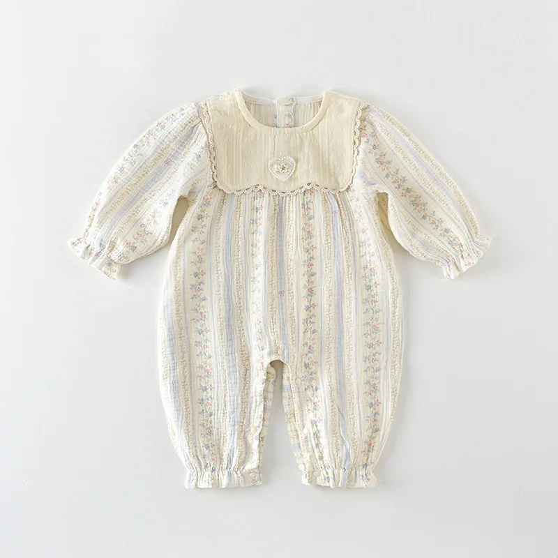 

Весенняя одежда для малышей 0-2 лет: хлопковый комбинезон для новорожденных девочек с принтом, повседневный, с длинными рукавами, дышащий, облегающий ромпер
