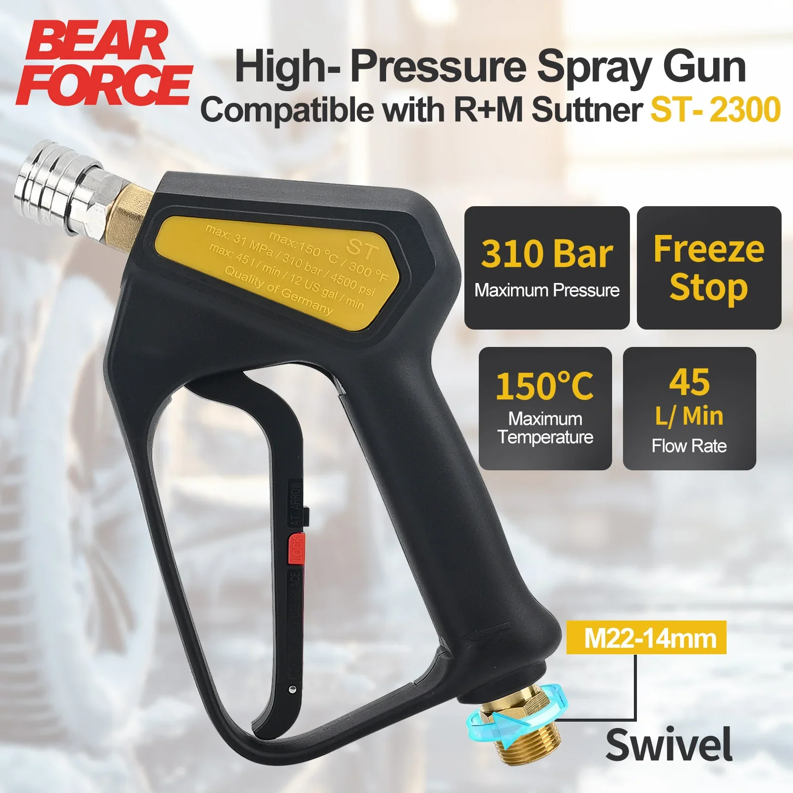 High Pressure Washer Gun with Freeze Stop Anti-Freeze for Winter, 310 Bar, Inlet M22 Swivel, Compatible with R+M Suttner ST-2300