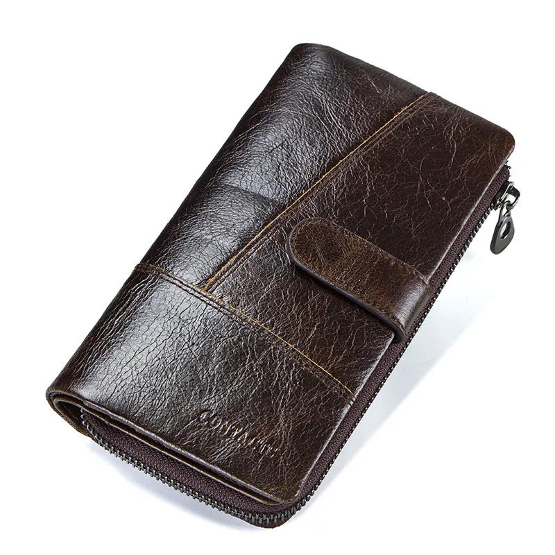 Men's Buckle Closure Leather Clutch Wallet, Long Zipper Vintage Handbag with Multiple Pockets, Top Grain Cowhide Organizer