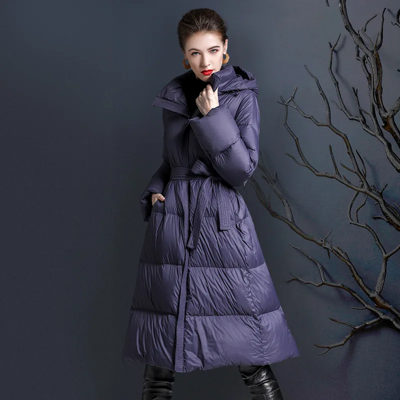 Luxury Brand High-Quality Long Down Jacket Winter Warmth Women's Slim-Fit Puffer Jacket Belted Design Cold-Resistant Coat Hooded