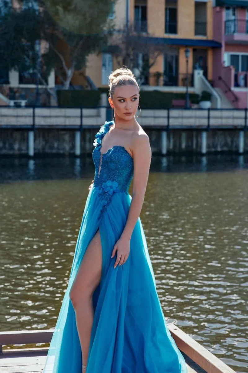 Jessica Blue Wedding Dress 3D Embroidery Flowers Prom Dresses Glittering One Shoulder Tulle Side Slit Vestidos De Fiesta