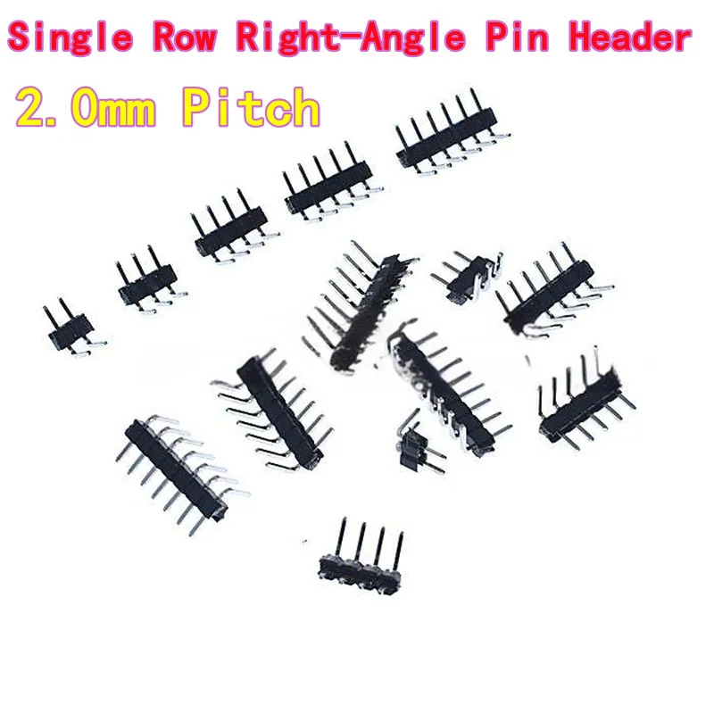 50pcs Single Row Right-Angle Pin Header, 2.0mm Pitch, 1X2/3/4/5/6/7/8/10/40P 1X40P Copper Pin