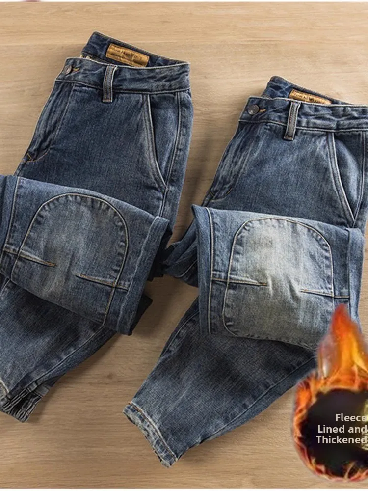 

Men's Thiened Fce Lined Casual Jeans Wear Resistant Autumn Winter Denim Pants Loose Straight Leg Medium Waist Zipper Fly