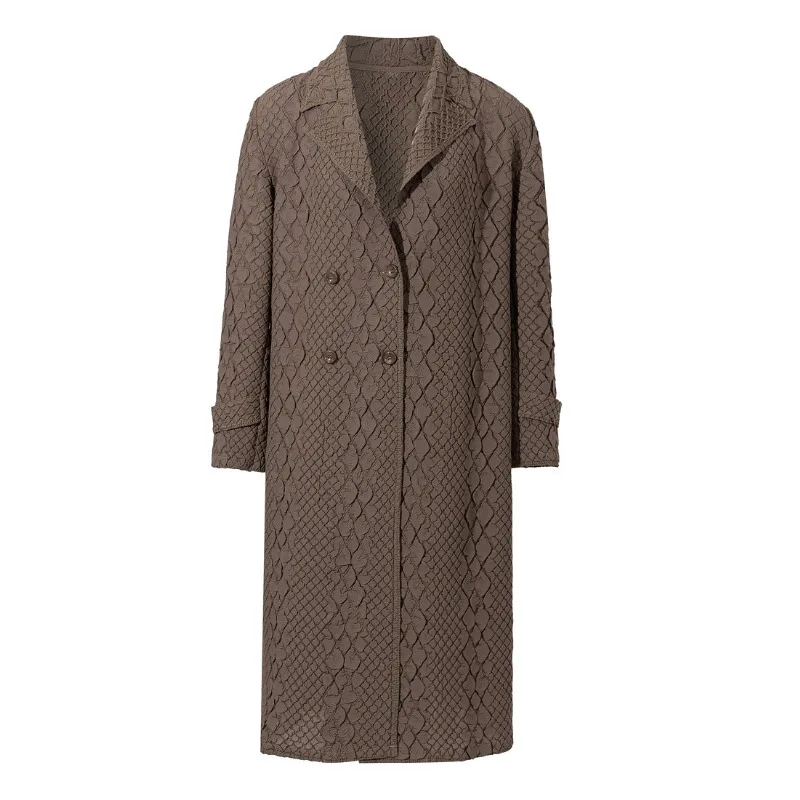 Pleated Women Long Trench Coat 2026 Autumn New Embroidered Jacket Suit Collar Double-Breasted Elegant Plus Size Fashion Clothing