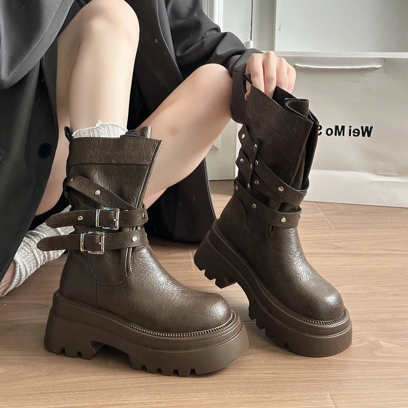 Lined Warm Women Platform Mid Calf Boots Multi Buckle Strap Faux Leather Shoes Casual Autumn Thick Sole Motorcycle Boots
