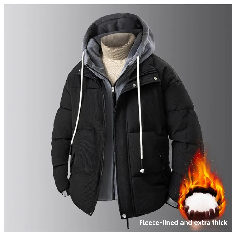 Новые мужские пальто на осень и зиму, теплые куртки с капюшоном на хлопковой подкладке, искусственные двухсекционные куртки на хлопковой подкладке, пара одежды для мужчин