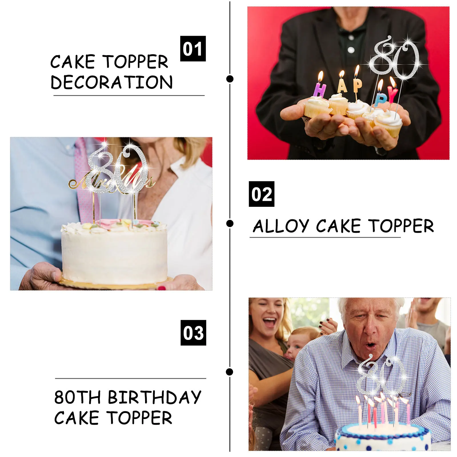 

80Th Birthday Party Cake Topper Rhinestone Glitter Decor Alloy Crystal Insert for Dessert Celebration Decoration