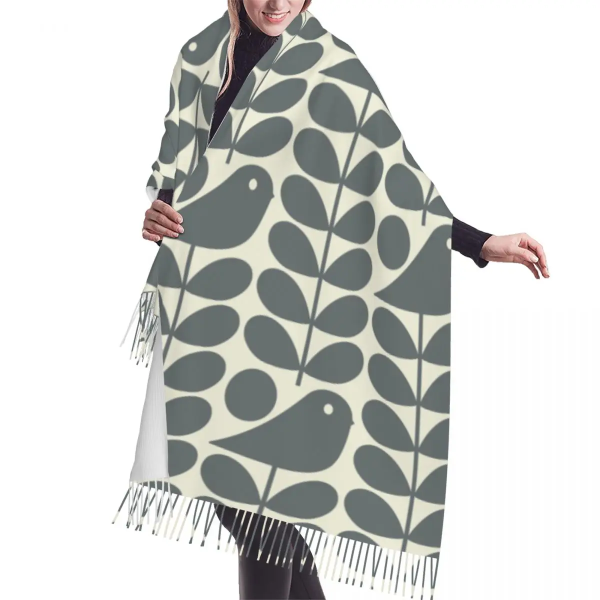 Custom Orla Kiely Early Bird Cool Grey Scarf Wrap for Women Long Winter Fall Warm Tassel Shawl Unisex Scarves