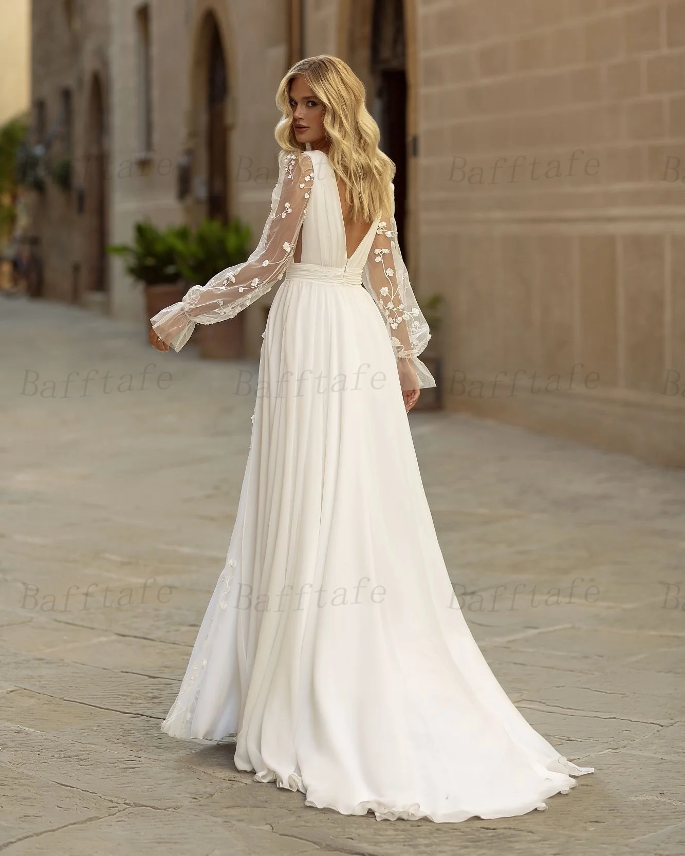 A Line Chiffon Wedding Dresses Lace Long Sleeves V-Neck Weding Photography Gowns Formal Bridal Gowns Party Dress Customized