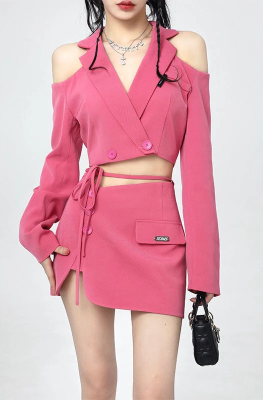 

Off Shoulder Drawstring Skirts Sets Turn Down Collar Blazer Crop Tops Mini Sexy Female Slim Short Skirt 2022 Fashion Woman Set