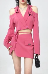 Off Shoulder Drawstring Skirts Sets Turn Down Collar Blazer Crop Tops Mini Sexy Female Slim Short Skirt 2022 Fashion Woman Set