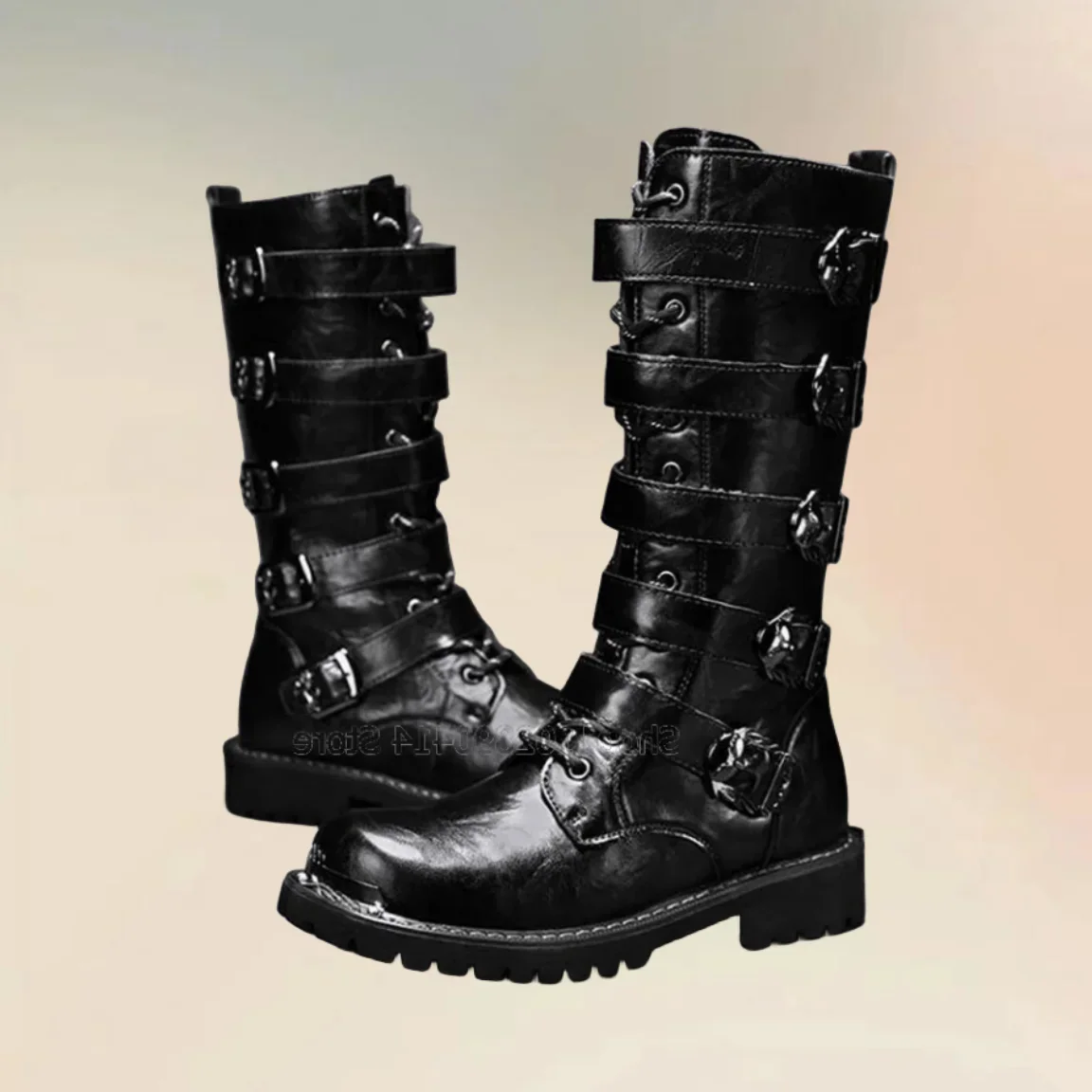 

Black Belt Fastener Decor Strappy Round Toe Boots Fashion Side Zipper Men Boots Luxurious Handmade Party Office Men Casual Shoes