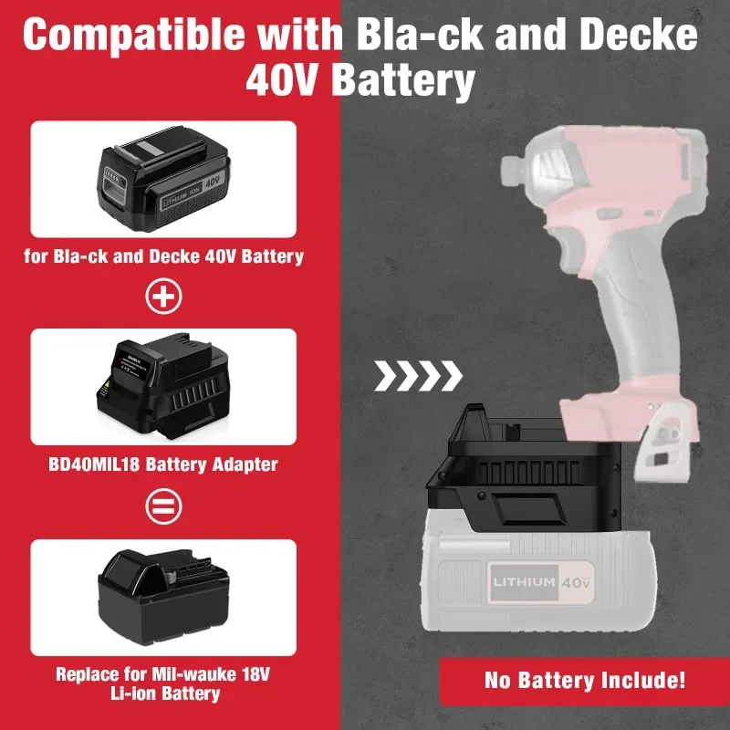 BD40MIL18 Battery Adapter Suitable for Black&Decker 40V Lithium-ion Batteries To Compatible with For Milwaukee 18V Cordless Tool