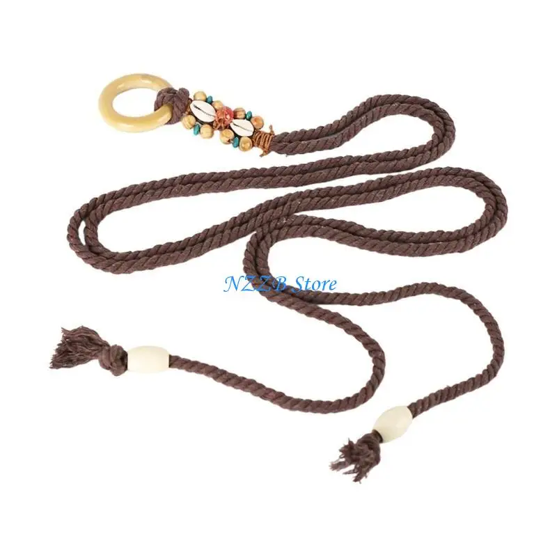 

T21F Ladies Bohemian Waist Belt Delicate Beads Decors Braided Belt for Summer Dress Shirt Women Adjustable Waist Belt