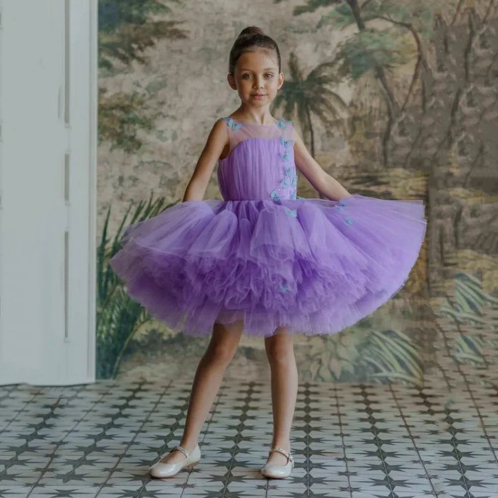 Lavender Flower Girl Dress O Neck Sleeveless 3D Butterfly Puff Tutu  Party Dresses Graduation Kids Pageant Birthday Gown