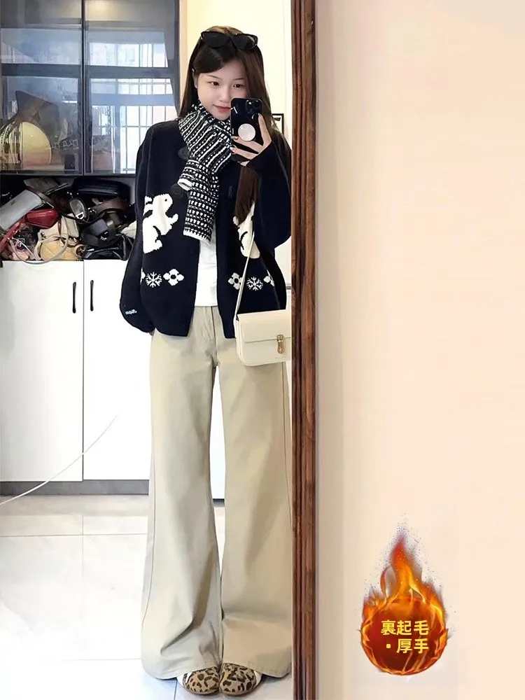 Khaki Low Waist Bell Bottom Jeans Women's Fleece Lined Slimming Non Fitting Denim Pants Vintage Style Wide Leg Natural Waist