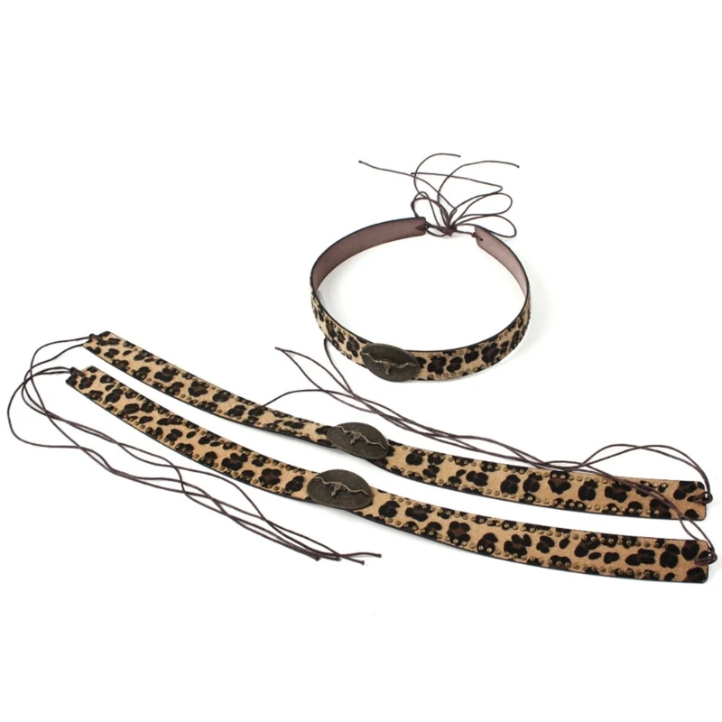 Riveted Animal-Print Hatband, 2-Piece Decorative Hat Wrap with Adjustable Rear Ties and Antique-Tone Bull-Head Detail for Y08E