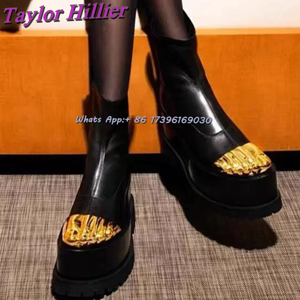 Golden Five Fingers Luxury Boots Thick Sole Mid-Calf Botas Square Heel Autumn Winter Designer Women Fashion Dress Runway Shoes