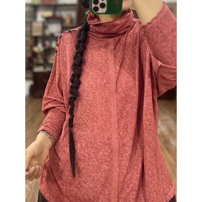 2026 Spring Autumn Arts Style Women Long Sleeve Turtleneck Casual Loose Vintage Tops Tees Double-sided Wear Cotton Tee Shirt