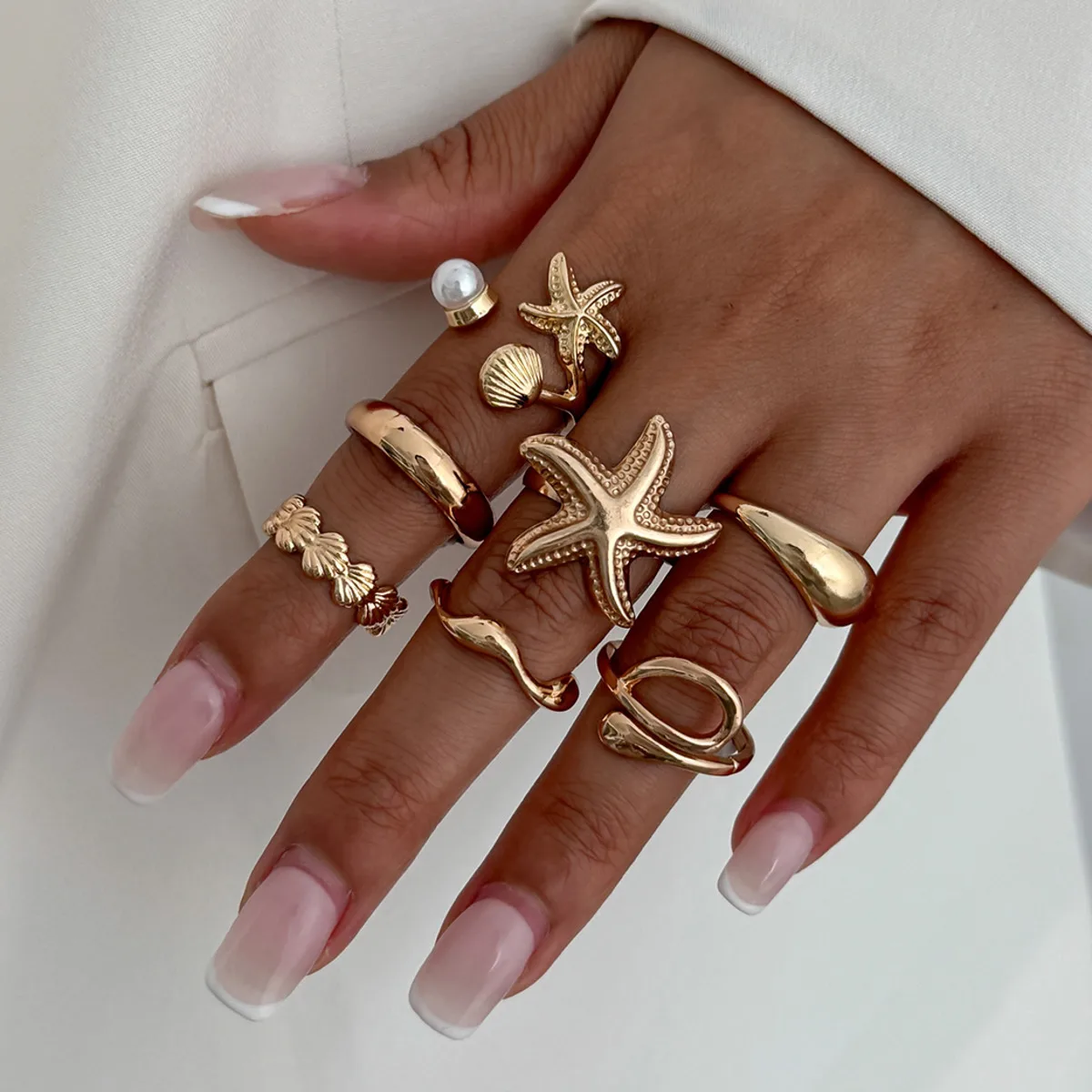 

KunJoe 8pcs/set Bohemian Starfish Scallop Open Ring for Women New Trendy Imitation Pearl Irregular Knuckle Ring Vacation Jewelry