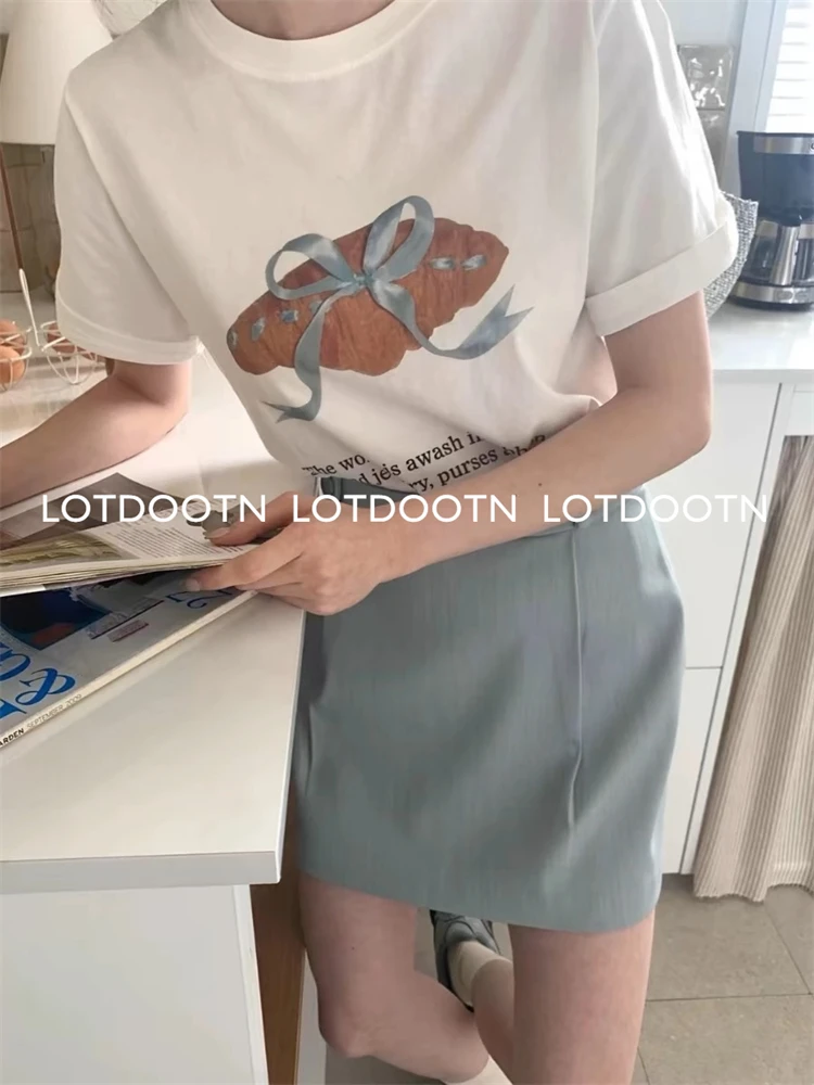 LOTDOOTN Y2k Graphic Tshirt Pure Cotton Tops Croissant Print Korean Female Kawaii Cartoon Harajuku T-shirt Unisex Clothing Women