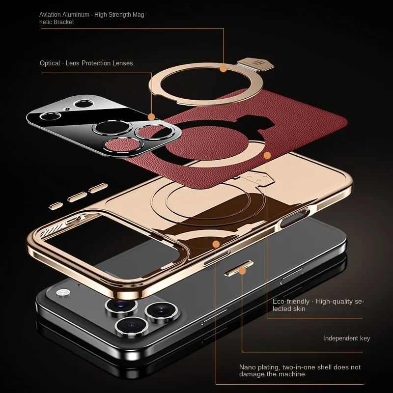 フルプロテクションレザーカメラレンズ（折りたたみ式スタンド付き）とマグネット式スマホケース（Apple iPhone 17、17 Pro、17 Pro Max、17 Air対応）