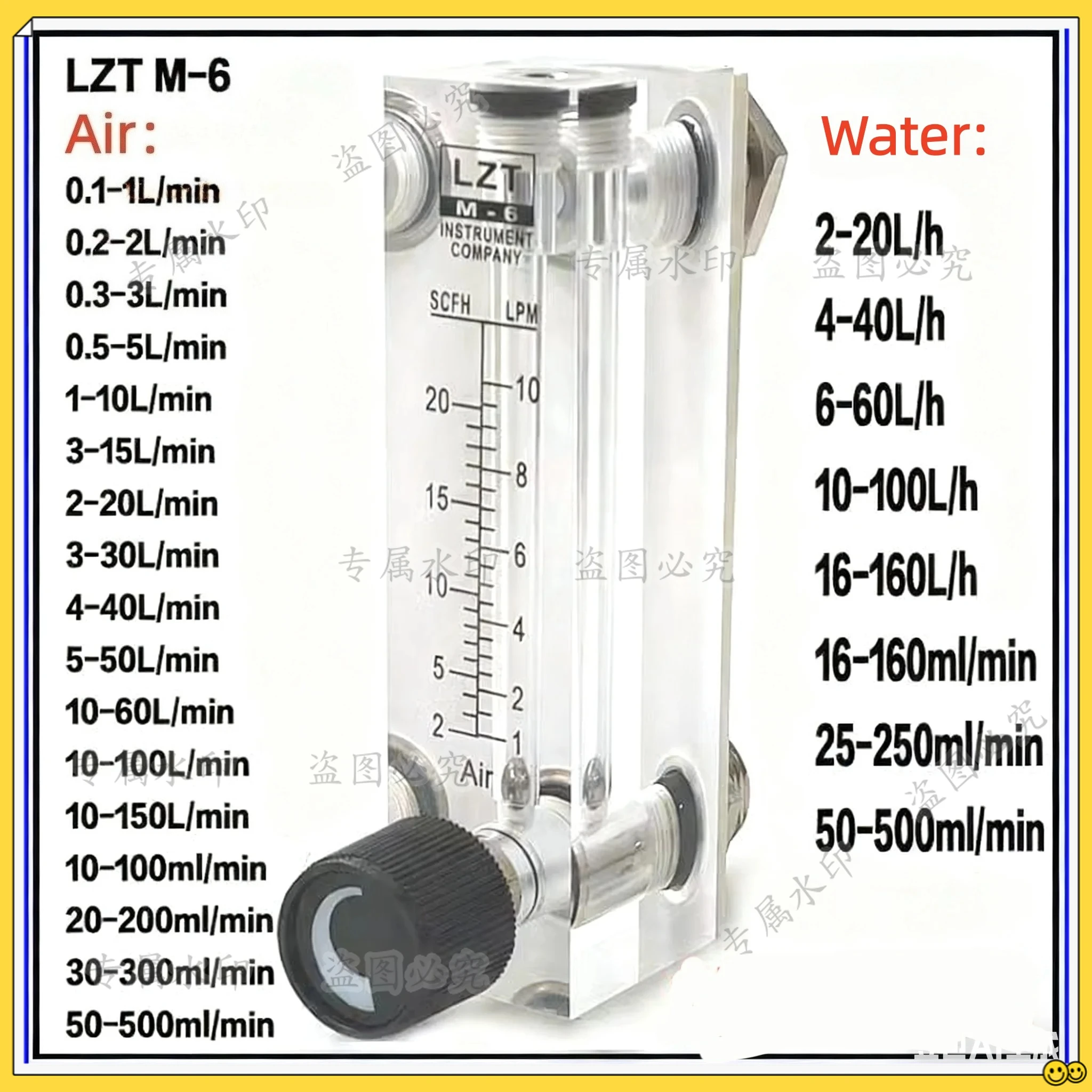 Medidor de Flujo de Aire/Gas PMMA LZT-6T, Rotámetro de Panel Cuadrado Hembra de 1/4" ZG, 0.1-1LPM, 10-100LPM, 1-10LPM, 2-20LPM, 0.5-5LPM