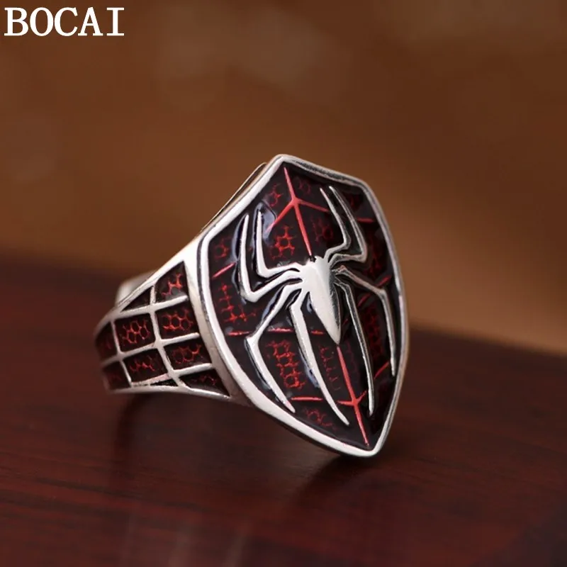 

BOCAI NEW S925 Silver Ring Retro Hip Hop Shield Spider Open Mouth Men's Ring