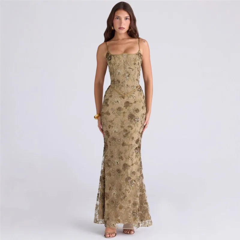 

Women's Sexy Embroidery Floral Slim Hips Dress Elegant Low-cut Collar Hollow Party Dress Summer New Lace-up Backless Long Dress