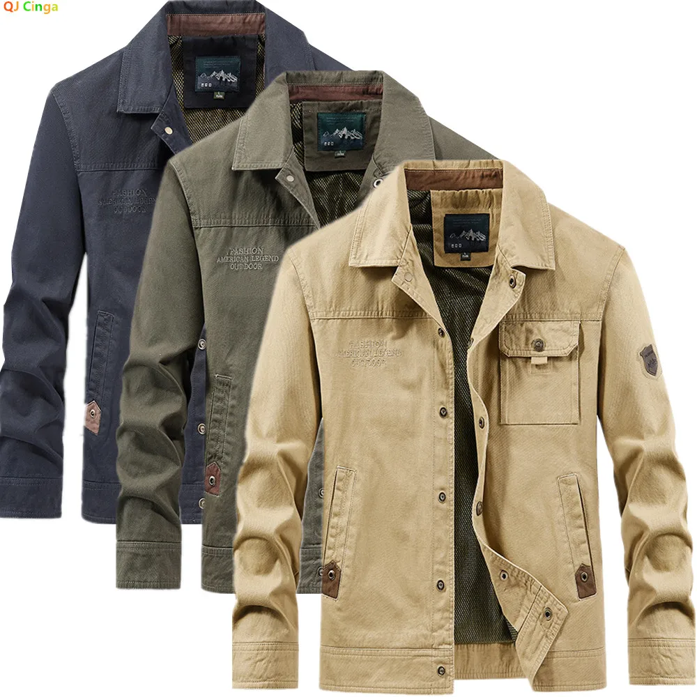 

Autumn Khaki Men's Collared Long-Sleeve Jacket, Army Green Casual Outerwear, Navy Blue Loose-Fit Top Coat.