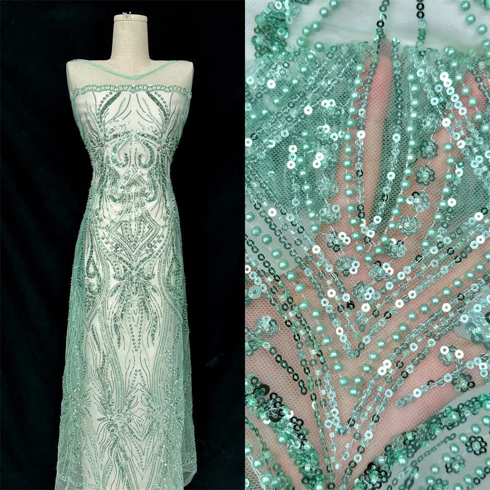 2025 최신 나이지리아 스팽글 레이스 원단, 고급 수공 비즈 레이스 원단, 고급 프랑스 자수 비즈 레이스 원단 (웨딩용)