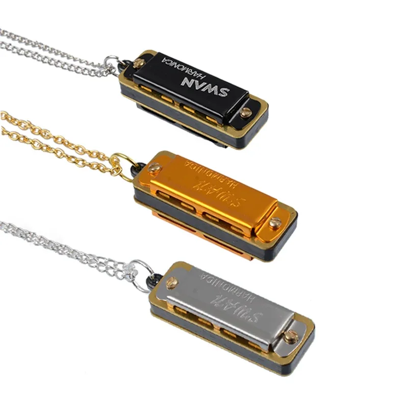 10Pcs  Mini Harmonica 4 Holes 8 Tones Harmonica Mouth Organ Metal Chain Necklace Style