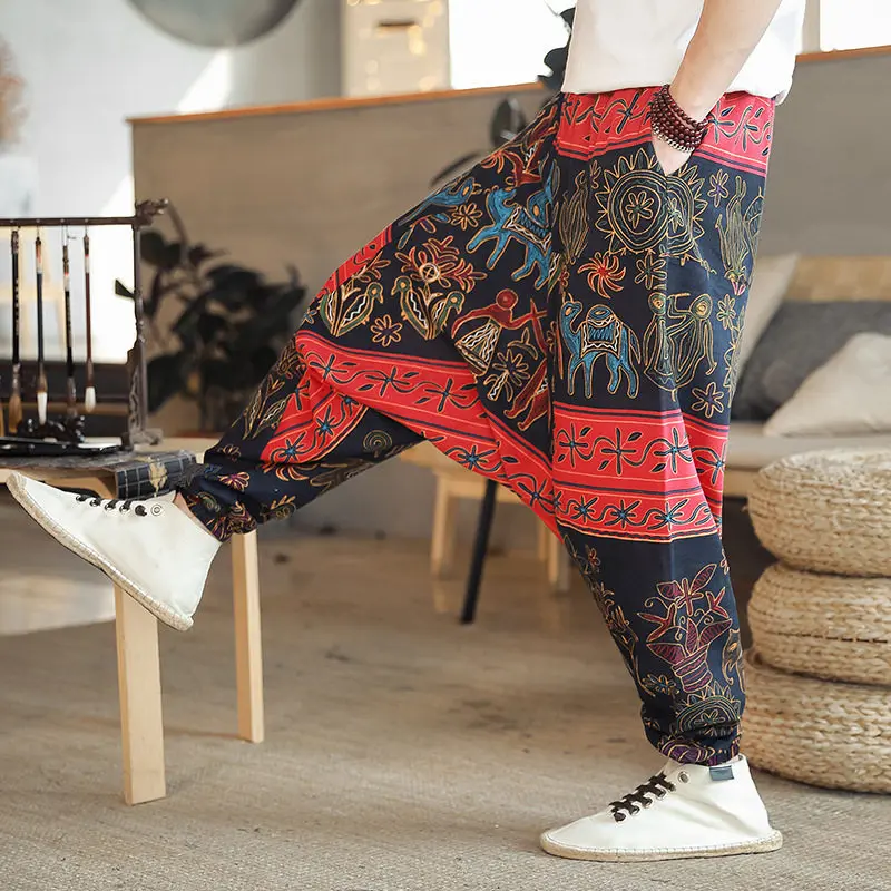 2026 Harem Pants Print Men Retro Drop Crotch Joggers Pants Mens Baggy Loose Nepal Style Oversize Men Casual Drop-crotch Trousers