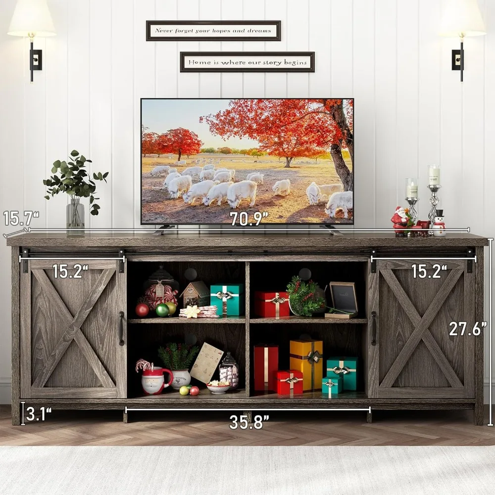 70In Farmhouse TV Stands for 70 75 80inch TV w/Adjustable Shelves,Sliding Barn Door.Rustic Wooden Entertainment Center,TV Consol