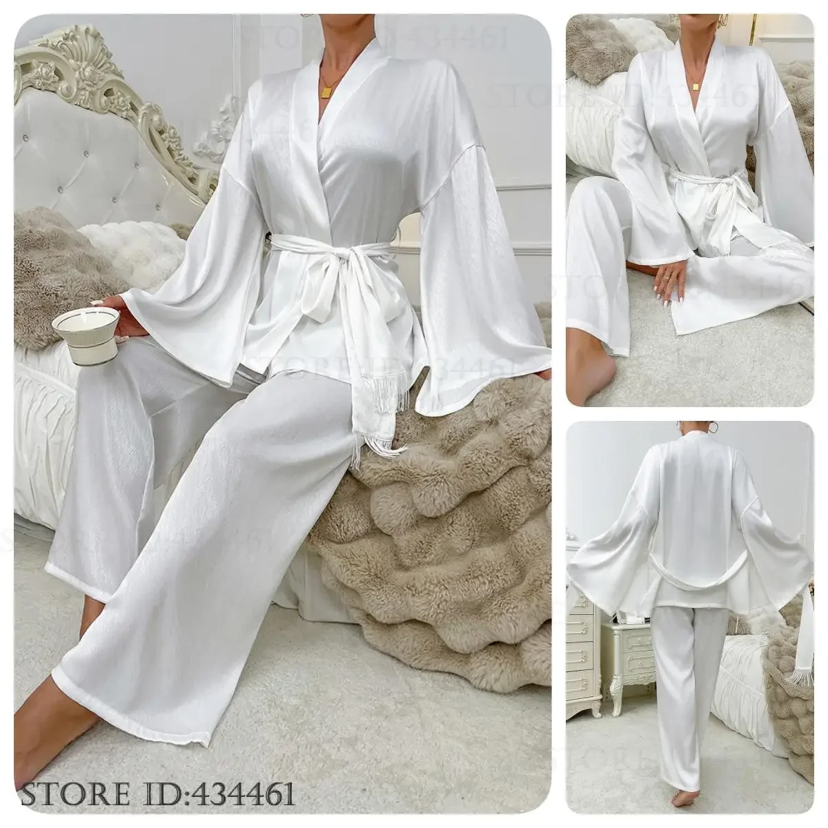 

Белое кимоно с длинными рукавами, топ, брюки, мягкая атласная одежда для сна, женская одежда для сна, свадебный пижамный костюм для невесты, 2 шт., одежда для дома, одежда для сна
