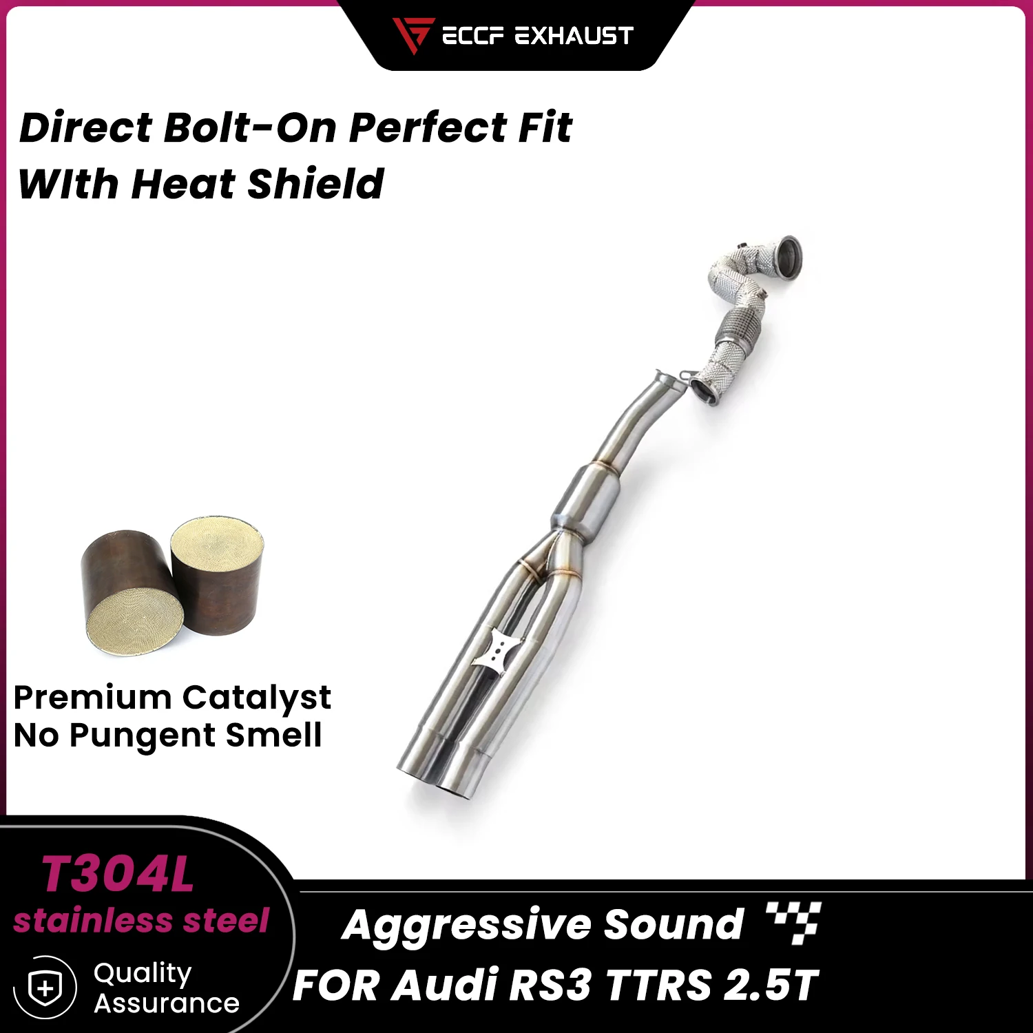 

Sporty Downpipe With Heat Shield For Audi RS3 TTRS 2.5T Aggressive Exhaust Sound High Flow Performance Upgrade