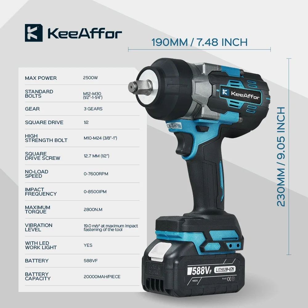 KEEAFFOR 2500W 2800N.M Brushless Electric Impact Wrench 3Gear 1/2 Inch Cordless Tool Electric Screwdriver For Makita 18V Battery