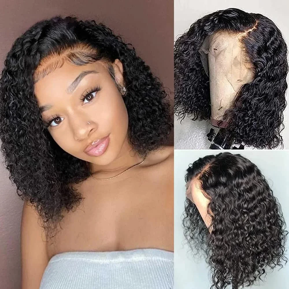 

Kinky Curly Short Bob 13x4 Lace Front Wig Human Hair Pre Plucked 180% Density for Women Brazilian with Baby Hair Natural Color
