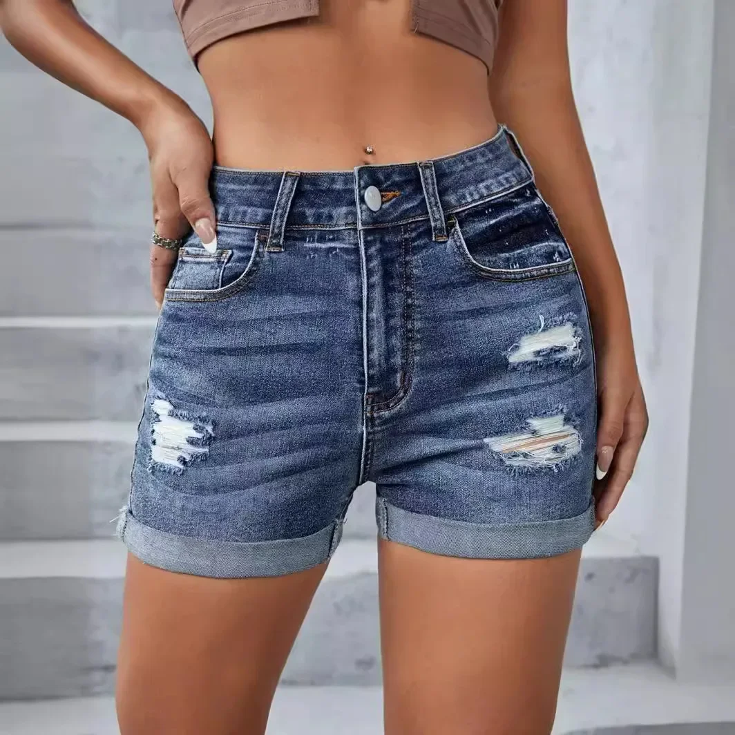 

Ripped Shorts for Women Streetwear Hole Jeans High Waist Stretch Washed Distressed Straight Denims 2025 Vintage Short Pants