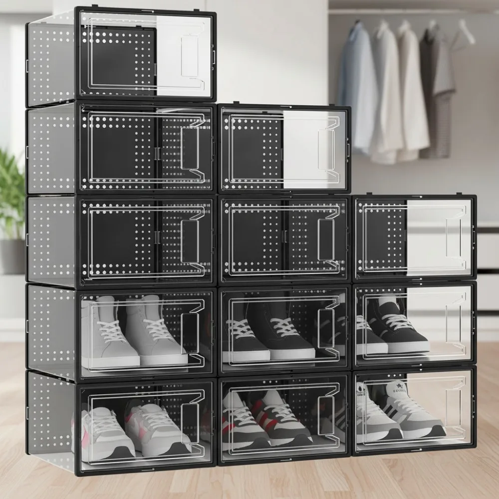 12 Pack Large Clear Plastic Shoe Storage Boxes, Stackable Modular Organizers with Lids for Closet Space Saving