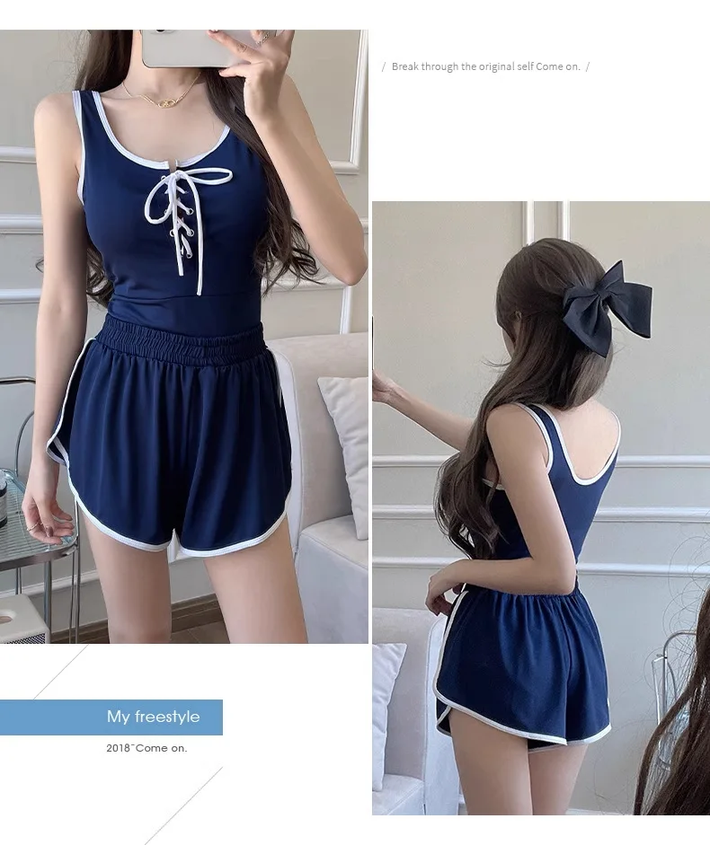 One-piece Women's New Conservative Flat Corner Two-piece Set High-end Small Breasts Covering Pure and Lustful Style Swimwears