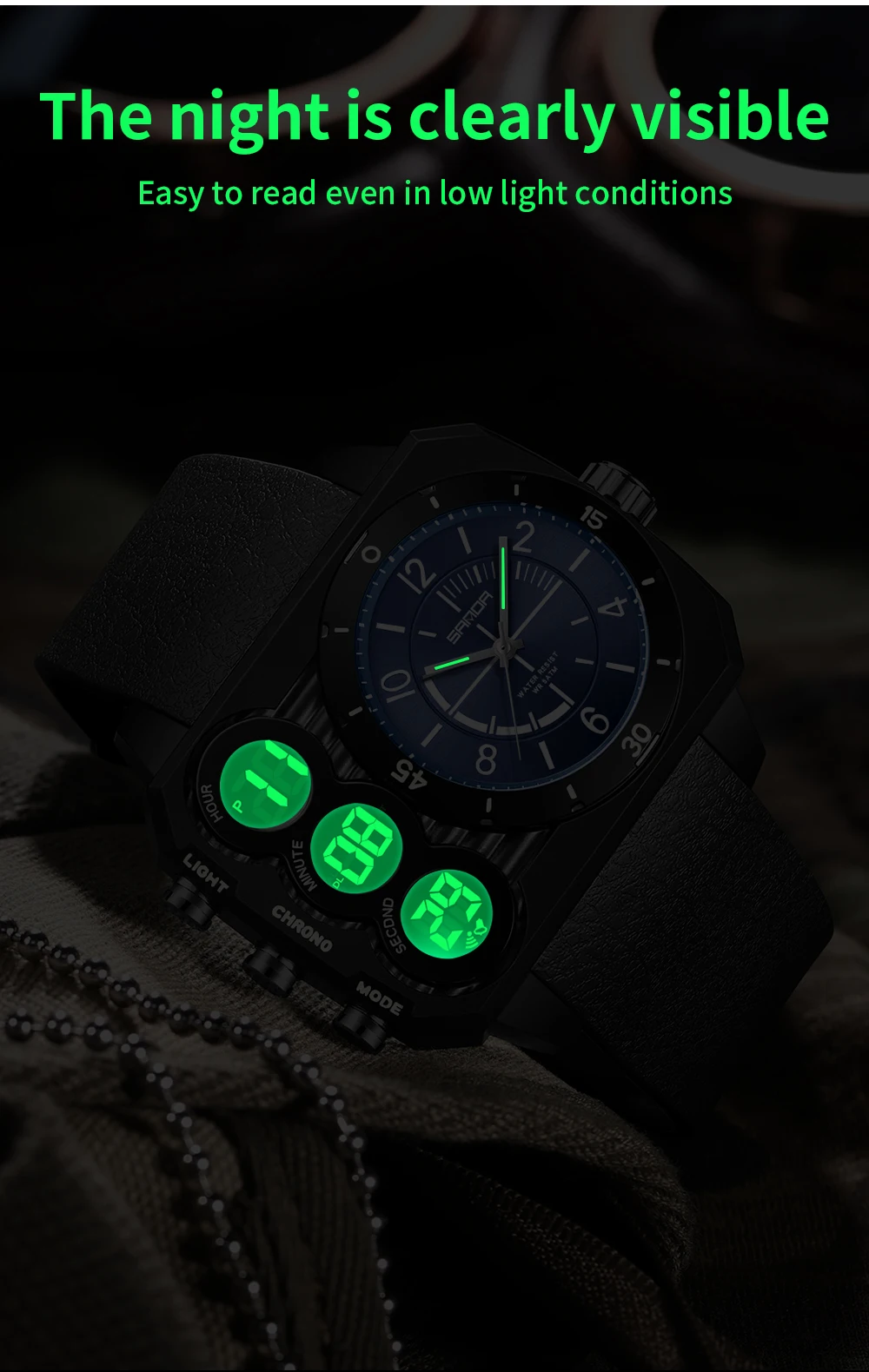 SANDA 6237 Men\'s Electronic Watch Fashion Sports Waterproof Luminous Creative Large Dial Calendar Cool Digital Watches for Men