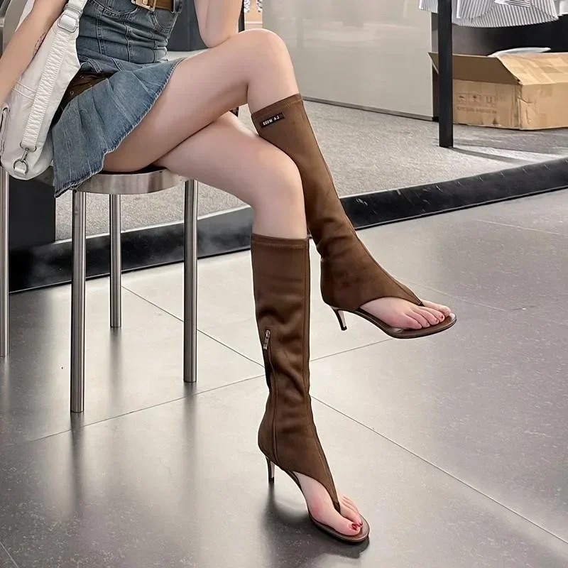 

Summer Women's Boots Open Toe Pinch Toe Design Knee-high Boots Women Summer Cool Boots Thin Hight Heel Slim Fit Long Tube Bootie