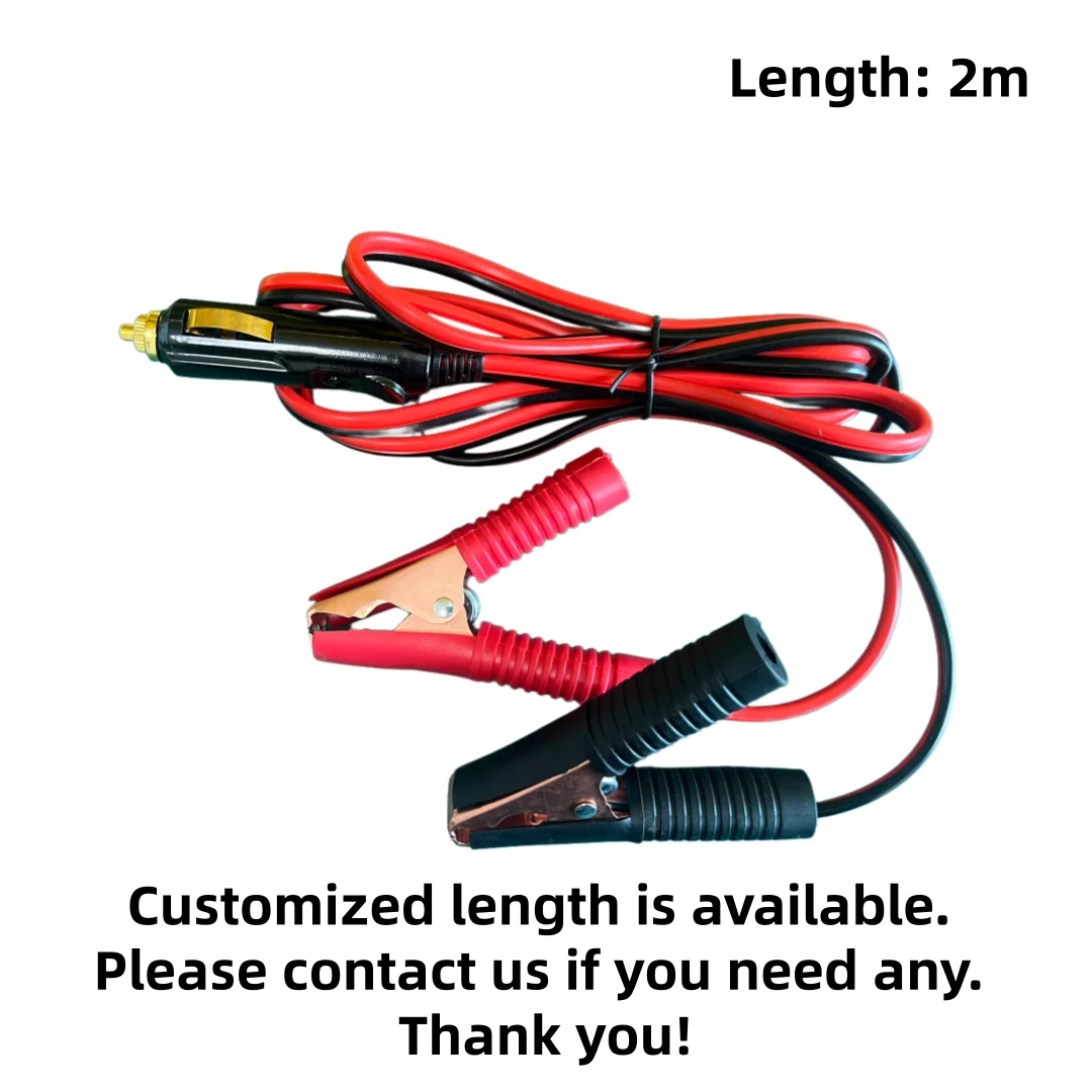 Car cigarette lighter power adapter with LED light, crocodile clips, 15A fuse, universal for 12V/24V, 2m length.