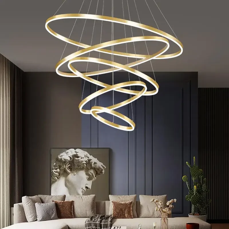 

Nordic Minimalism Modern Led Chandeliers Villa Sitting Room Lights Wiredrawing Ring Interior Lighting Led Pendant Lights