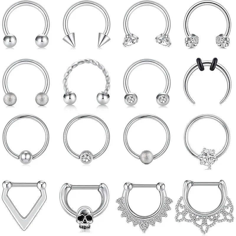 Anéis de nariz de septo 16g, aço inoxidável com dobradiça, sem costura, argola de nariz, ferradura, piercing, grânulo cativo, hélice daith tragus