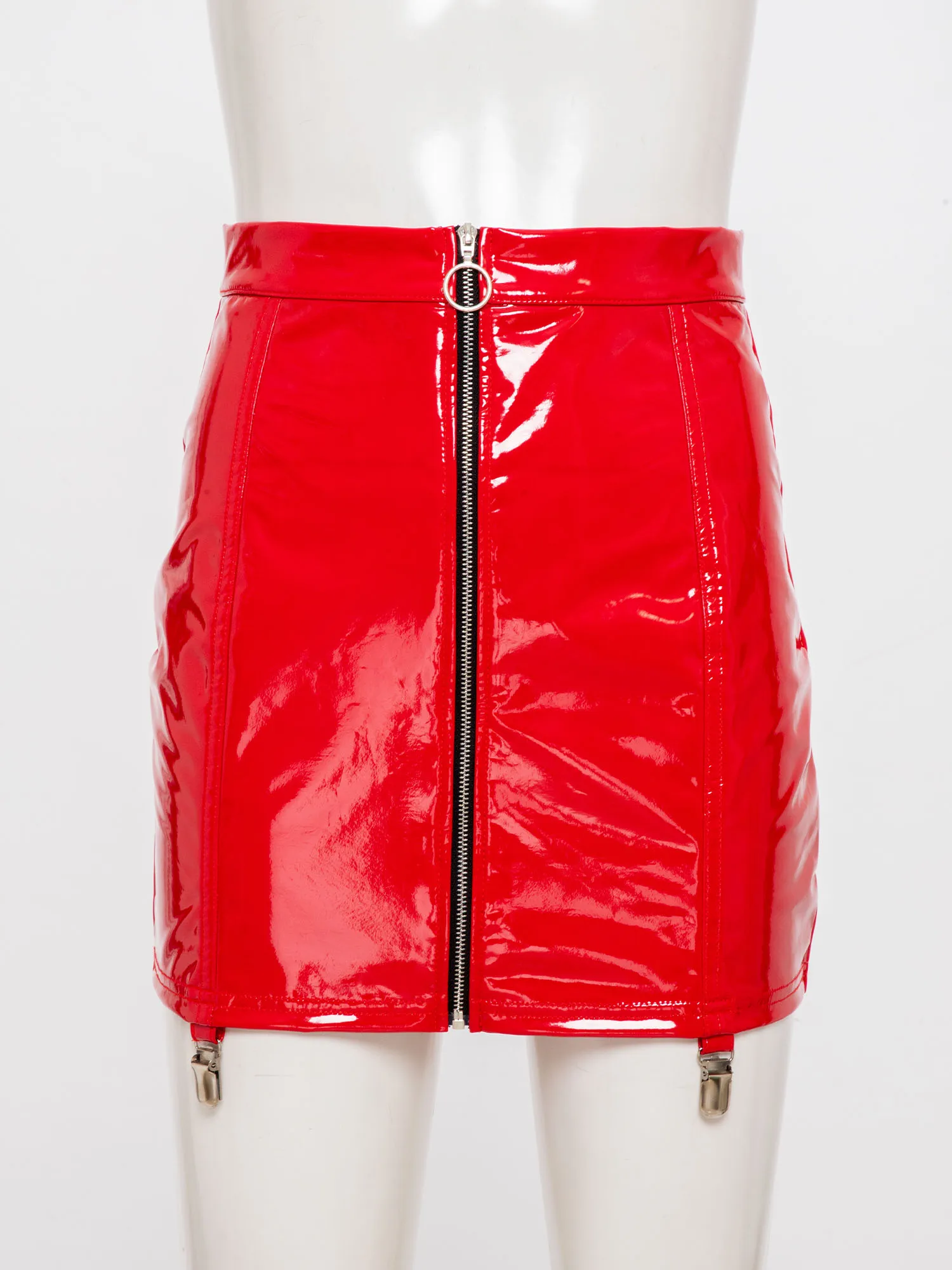 Minifalda de cuero PU con cremallera frontal para mujer, microfalda ajustada con cordones y retales de encaje Floral con Clips para liga, ropa para discoteca